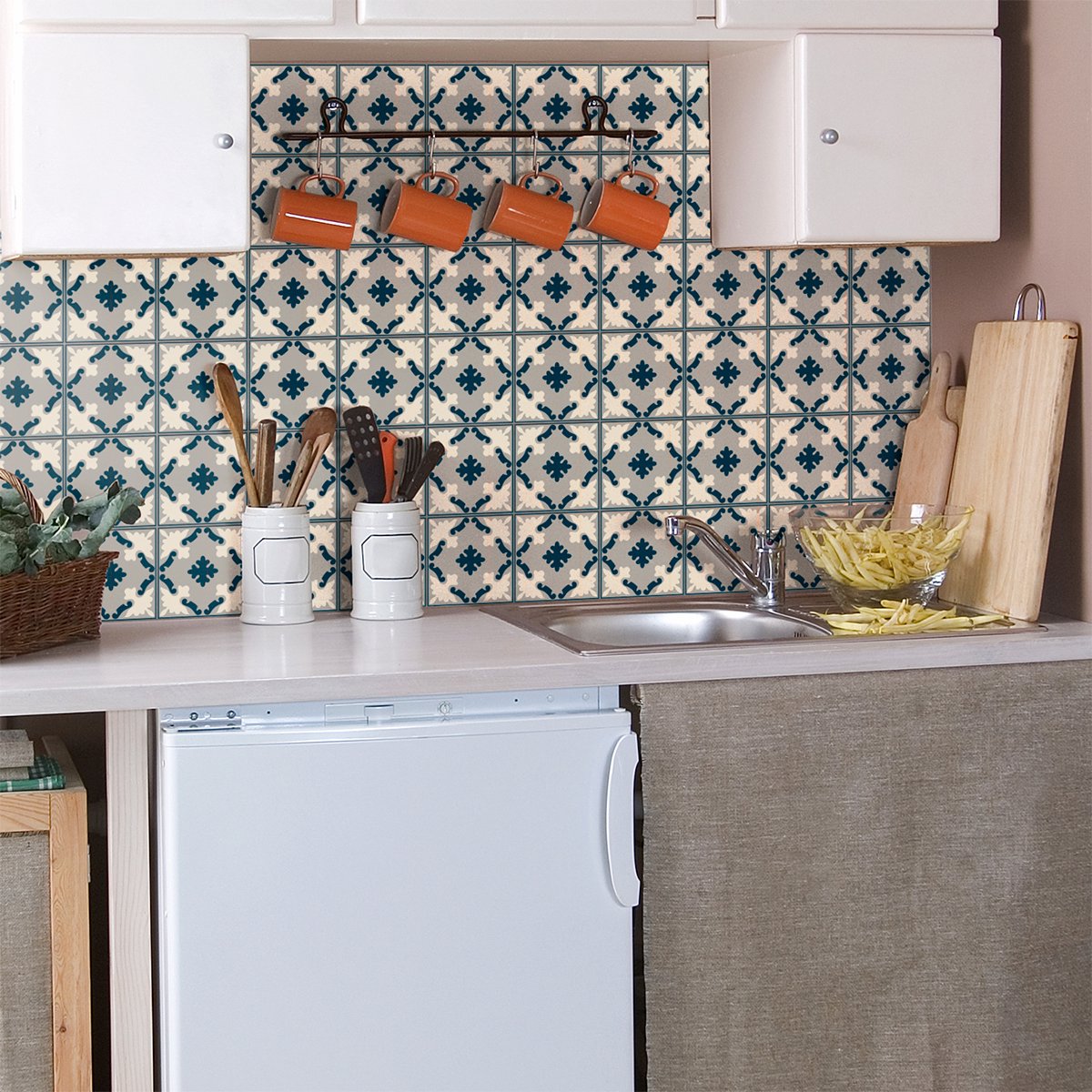 Ambiance Sticker Zelfklevende tegelmuurstickers voor keuken en badkamer - 60 cementtegelstickers (AZULEJOS DEA) - 60 stickers 10x10cm Multi color