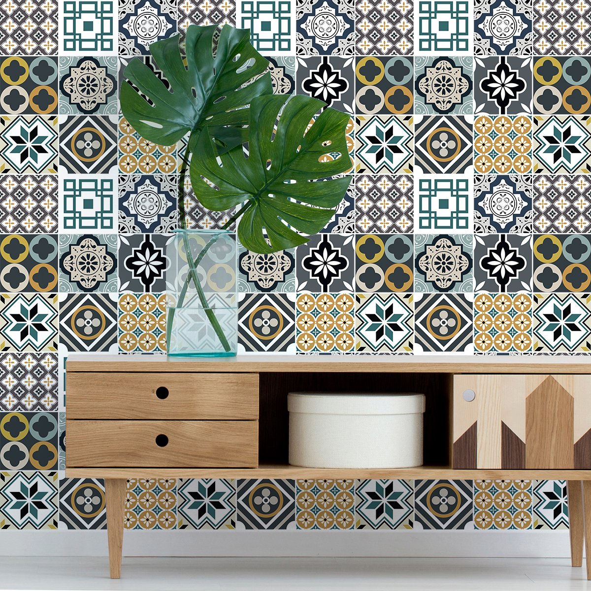 Ambiance Sticker Zelfklevende tegelmuurstickers voor keuken en badkamer - 9 Sanctioni cementtegelstickers - 9 stickers 20x20cm Multi color