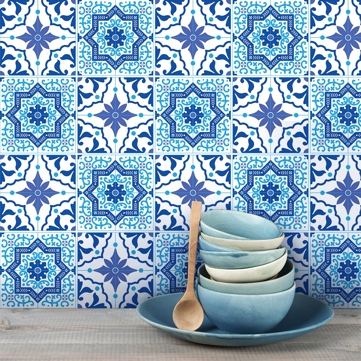 Ambiance Sticker Zelfklevende tegelmuurstickers voor keuken en badkamer - 9 cementtegelstickers, Azulejos Juan Pablo - 9 stickers, 10x10cm Multi color