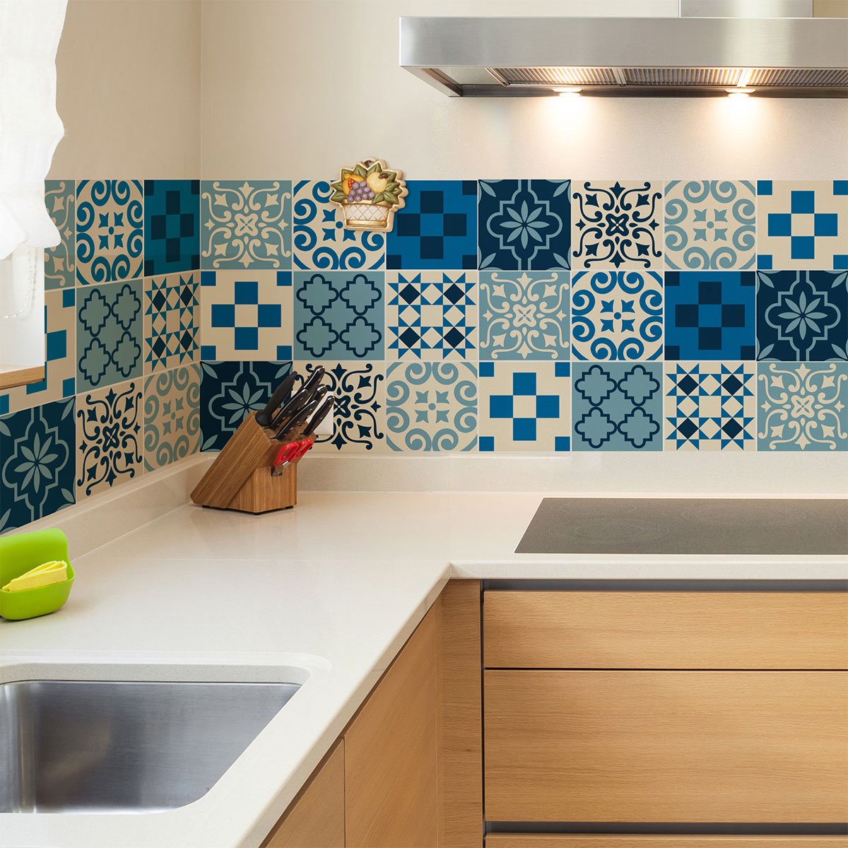 Ambiance Sticker Zelfklevende tegelmuurstickers voor keuken en badkamer - 9 cementtegelstickers, Azulejos-stijl, Sofina - 9 stickers, 15x15 cm Multi color