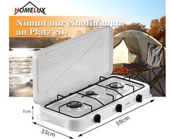MS®- Homelux - Gas kooktoestel 3 pits - Campingkooktoestel - Gaskookplaat - incl. 1.5 m Gasslang en drukregelaar - drukregelaar 50 mbar - Wit
