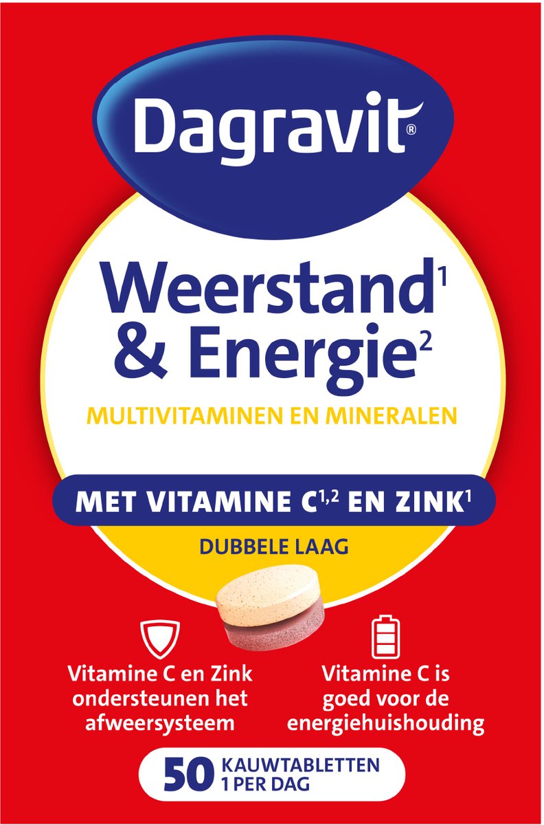 Goedkoopste Dagravit Totaal 30 Weerstand & Energie Multivitaminen - Vitamine C, selenium en zink ondersteunen het immuunsysteem - 50 kauwtabletten