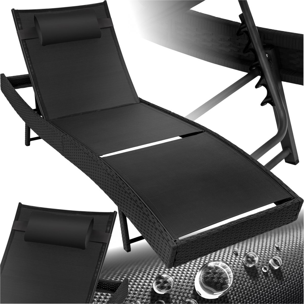 tectake® Wicker zonnebed met 6-voudig verstelbare rugleuning - Ligstoel met afneembaar hoofdkussen - Outdoor ligbed - UV-bestendig - Relaxstoel voor tuin, terras en balkon - Zwart