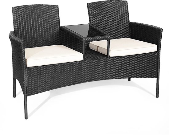 Canapé d'extérieur Collox 2 places - Salon de jardin - Chaise d'extérieur pour 2 personnes - Avec table basse en verre au milieu - kussen inclus - Zwart - 130,3 x 56 x 82,6 cm