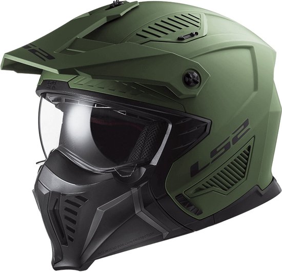 Casque LS2 Drifter vert kaki mat avec visière et mentonnière amovible, vue de côté.