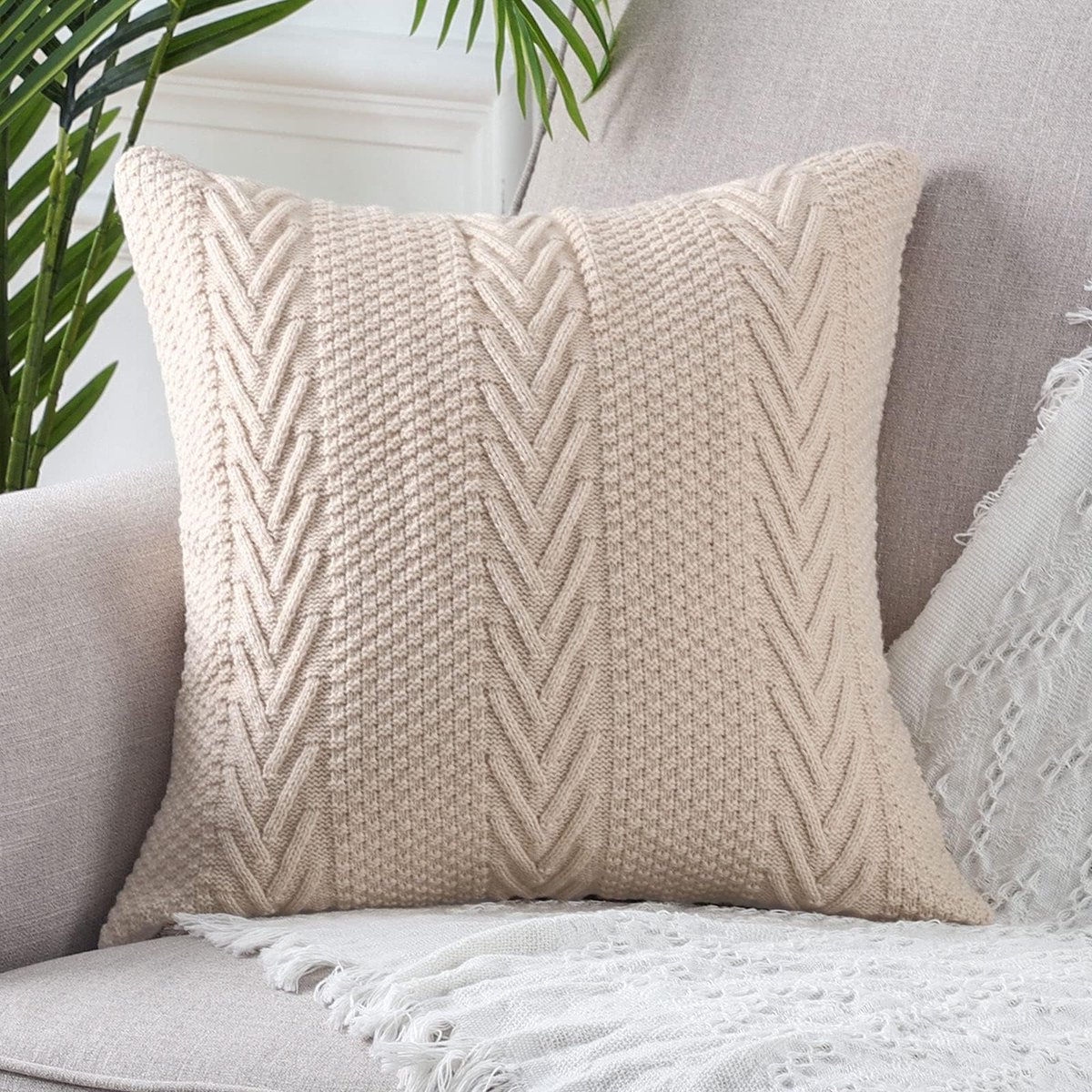 My Ninki ® Weelderige Gebreide Katoenen Sierkussenhoezen voor Stijlvolle Woninginrichting, 40x40 cm beige