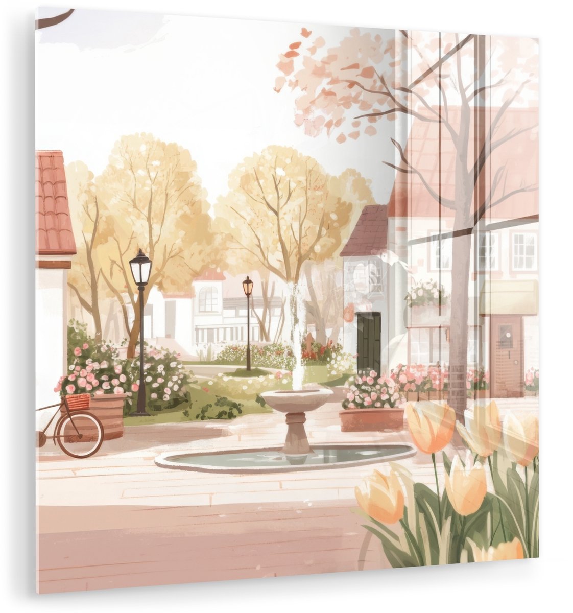 MuchoWow® Glasschilderij 20x20 cm - Schilderij acrylglas - Dorpsplein - Fontein - Tulpen -