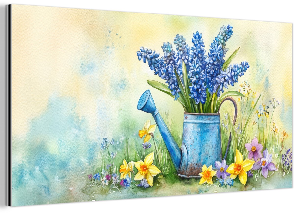 Aluminium schilderij 160x80 cm - Wanddecoratie metaal - Gieter - Lavendel - Bloesems - Met