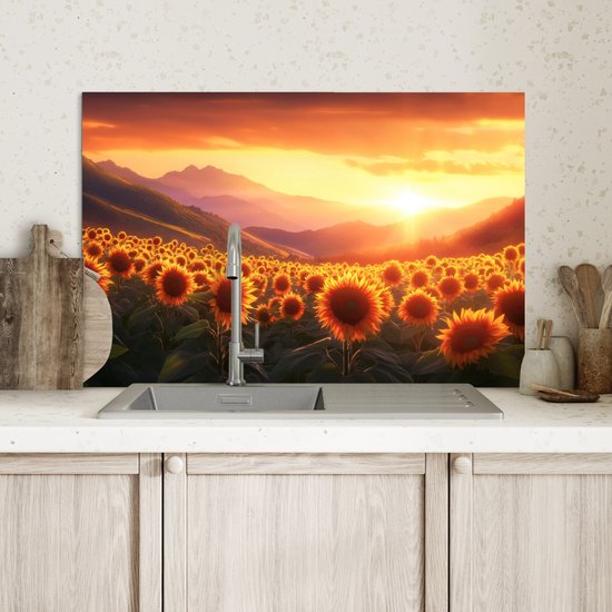 Crédence de Cuisinière en Aluminium 70x50 cm - Tournesols - Coucher de soleil - Paysage - Écran Pare-éclaboussures pour Plaque de Cuisson - Protection Murale