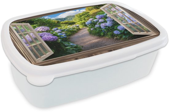 Broodtrommel Wit - Lunchbox Doorkijk - Hortensia - Pad - Natuur - Brooddoos 18x12x6 cm - Brood lunch box - Broodtrommels voor kinderen en volwassenen