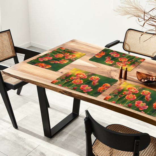 Placemats - 6 stuks - 45x30 cm - Placemat kunststof - Bloemenveld - Zonnestralen - Oranje - Borden onderleggers - Decoratie voor op tafel - Keuken tafeldecoratie accessoires - Vinyl onderlegger - Tafelversiering
