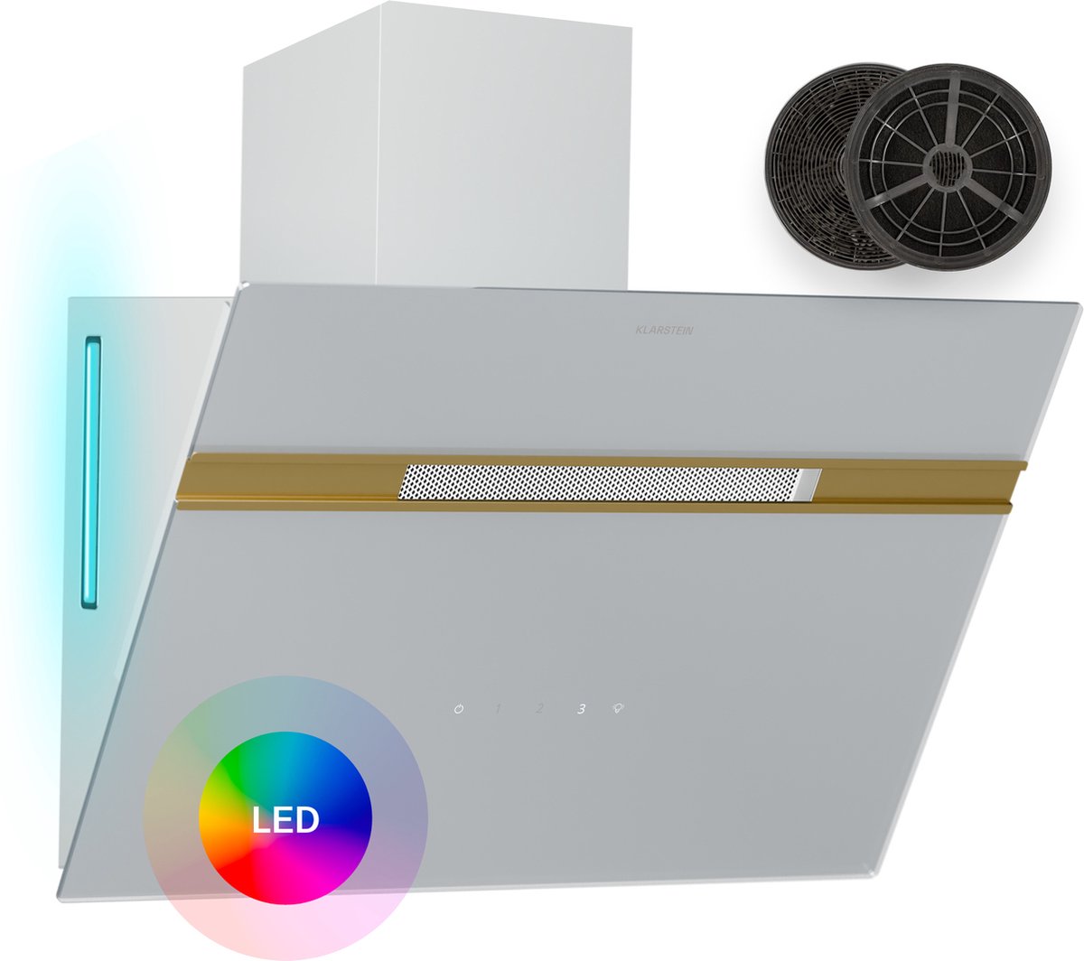 Klarstein Alina afzuigkap - 60 cm wandmodel, 600 m³/u luchtdebiet, energie-efficiëntieklasse A, LED-verlichting in 9 kleuren, touchscreen bedieningspaneel, witgoud, recirculatie mogelijk