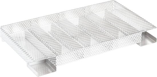 Compacte RVS rookgenerator met 8 kamers, 35 cm lang, met perforaties.
