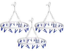 CM Wasgoed droogcarrousel/droogmolen - 3x - 20 clips/knijpers - wit/blauw - kunststof - 29 x 42 cm