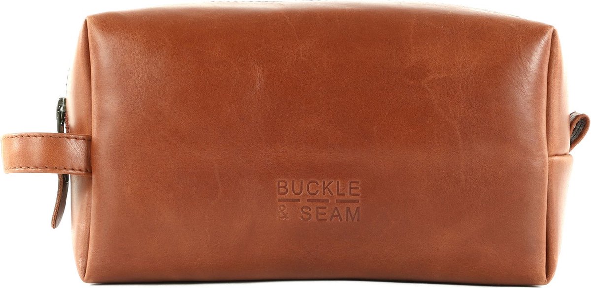 BUCKLE & SEAM Leren Toilettas Everest Blu Washbag Cognac Lichtbruin