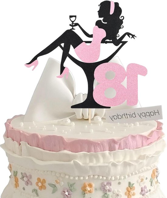 Allecto Plus - Taartdecoratie 18e Verjaardag, Happy Birthday 18 Jaar Glitter Taarttopper Met Sterren Roze Voor Jongens En Meisjes Set Van 22 Stuks