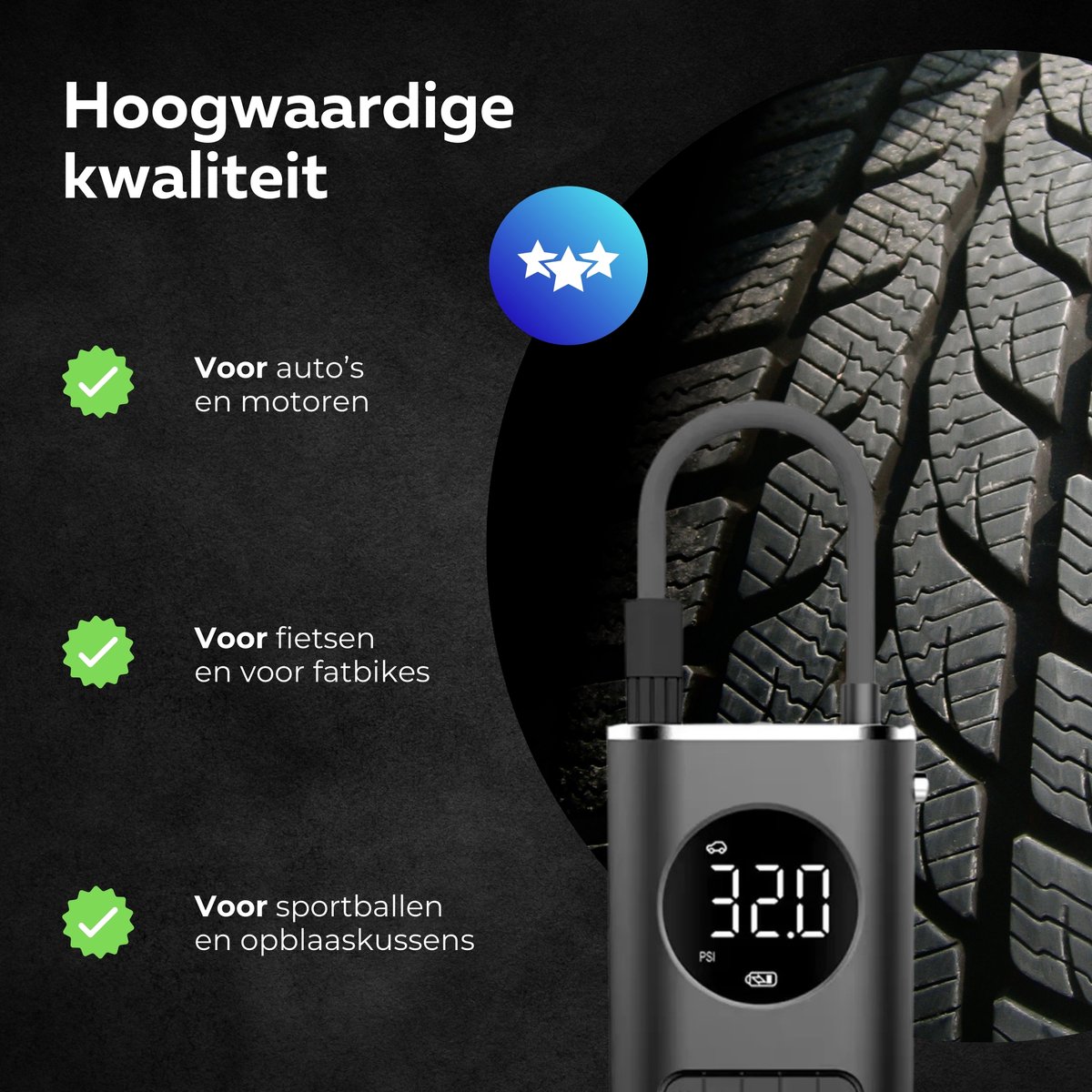 Elektrische fietspomp - Scooter Motor Auto - Draagbare luchtcompressor bandenpomp - Tot wel 10.3 bar - USB oplaadbaar – foto 7