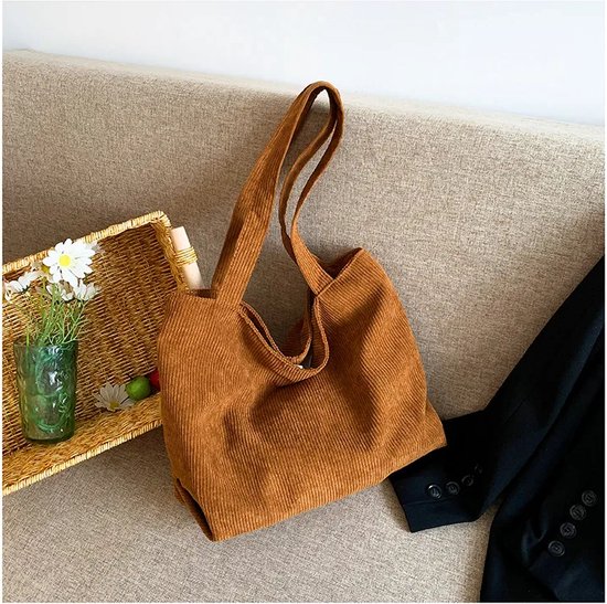 Sans Citron - Sac à bandoulière en velours côtelé - Sac fourre-tout - Velours côtelé - Étudiants - École - Travail - Voyages - Shopping - Fermeture éclair - Geen accessoire inclus - Marron