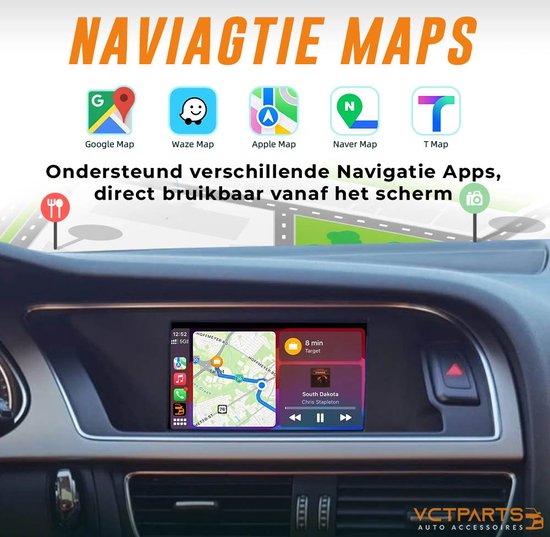 Auto dashboard met een scherm dat Google Maps en een muziekspeler toont, met verschillende navigatie app iconen erboven.