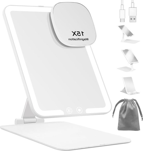 ROLOVE Make-upspiegel met verlichting, grote verlichte make-upspiegel, verlichte spiegel met intelligente aanraking, 3 kleuren dimbaar, tafelspiegel voor make-upbureau