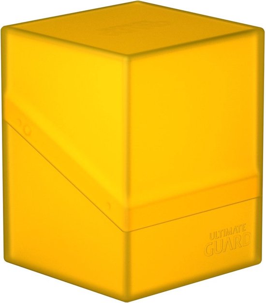 Transparante, gele Ultimate Guard Boulder deck case, gesloten.