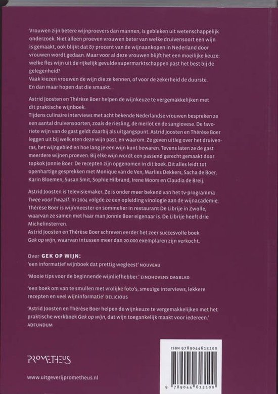Achterkant van het boek 'Vrouwen Gek Op Wijn' met tekst en ISBN.