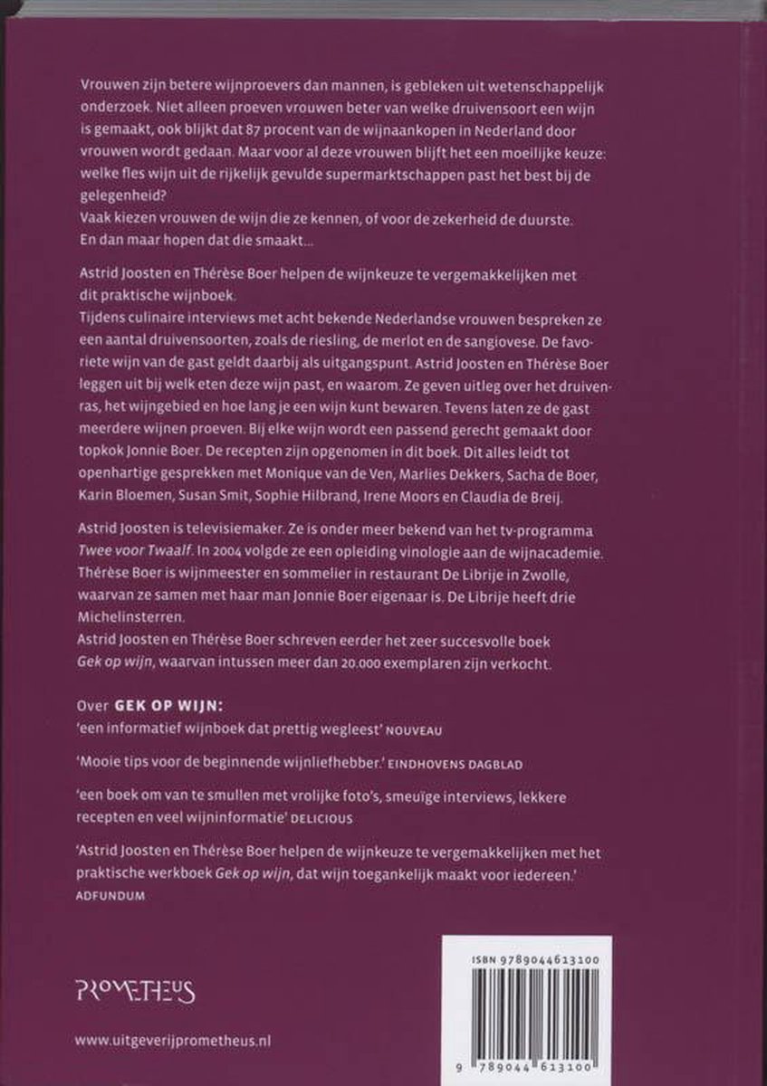 Achterkant van het boek 'Vrouwen Gek Op Wijn' met tekst en ISBN.