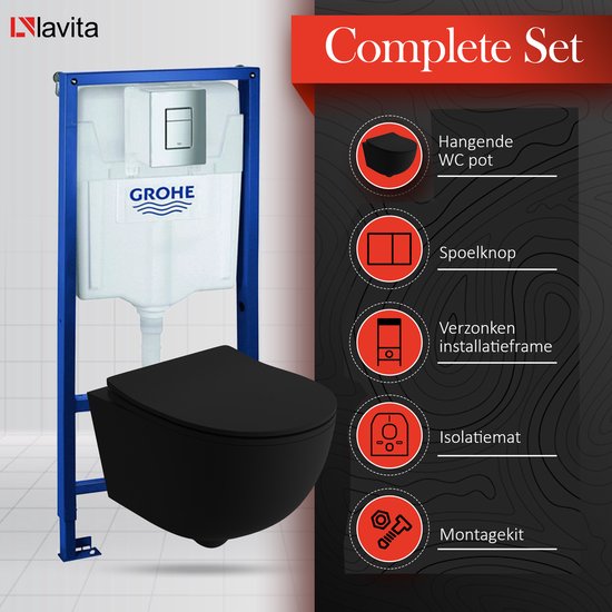 Réservoir intégré Ensemble WC complet Grohe Solido 39069000 - WC encastré WC suspendu WC suspendu Brava Noir - Plaque de commande EVEN 4en1 Chrome - Élément mural frontal - Système d'installation