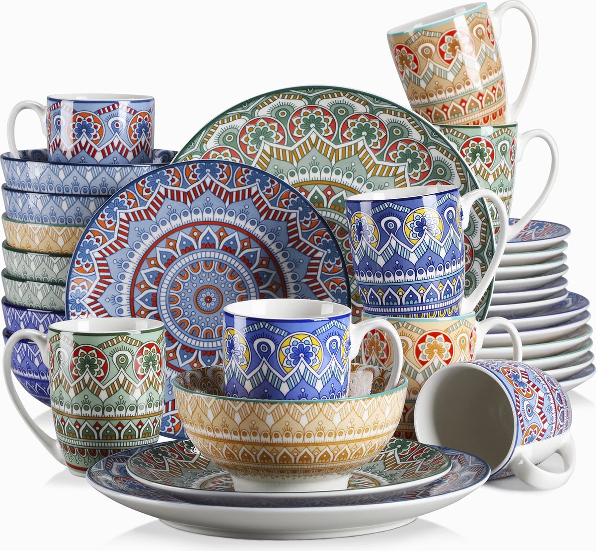 Serviesset - Bohemian Stijl - 8 Persoons Servies - Keramiek - Diner- en Dessertborden, Kommen en Kopjes - 32-delige Set