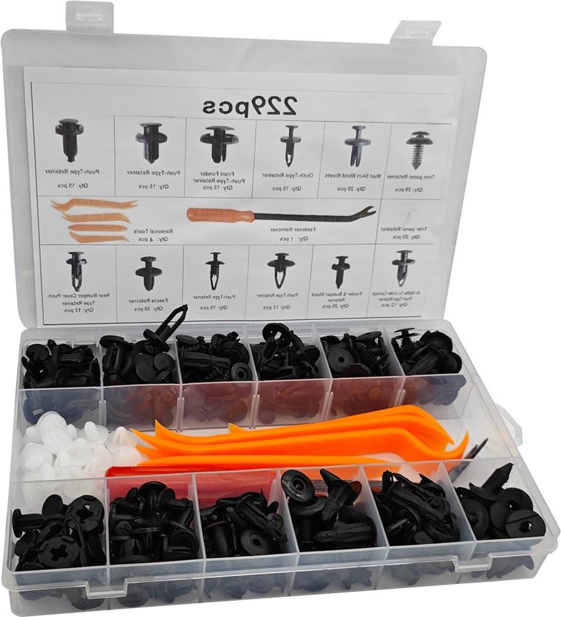 Set met 229 stuks clips voor auto carrosserie - Bumper vastener push pin klinknagels autoklemmen - Hoogwaardige kunststof en autokit bevestigingen .