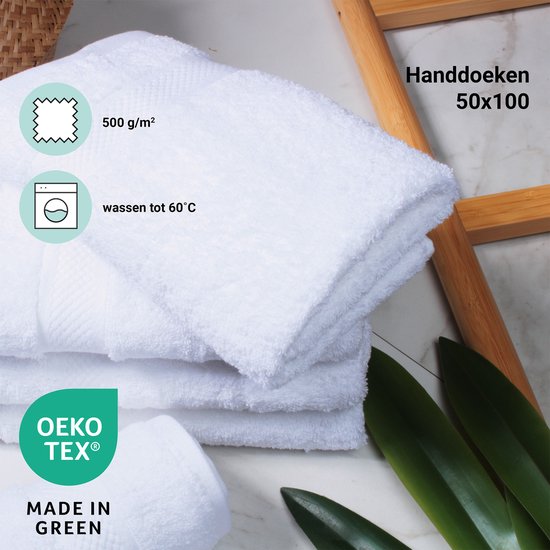 Witte handdoeken 50x100 cm, 500 g/m². Gelabeld met OEKO-TEX en Made in Green.