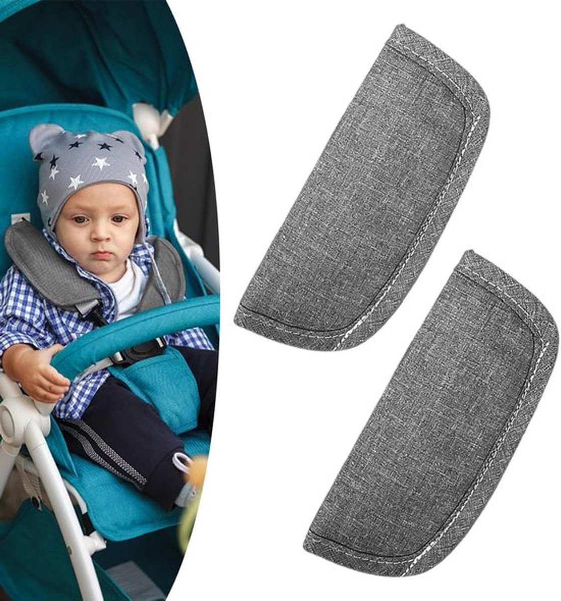 Grijze schouderbanden - Autostoelgordelkussens - Babyautostoel - Kinderwagengordels - Kinderzitgordelkussens - Peuterbekleding - Kinderwagen-autostoelgordelkussens