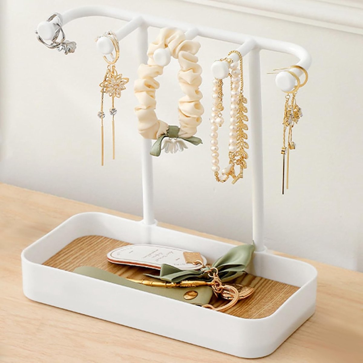 Sieradenstandaard, kettingopslag, sieradenhouder met 5 haken en afneembaar bakje, sieradenorganizer voor kettingen, armbanden, ringen, haarclips en decoratieve accessoires, (wit)