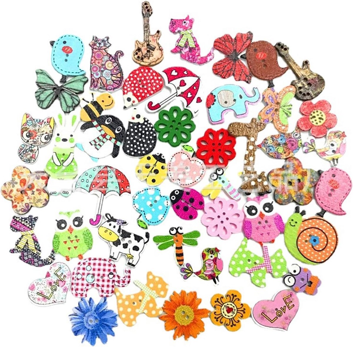 Dieren Knoppen Set - 50 Stuks Houten Cartoon Naaiknopen voor DIY en Scrapbooking