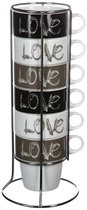 Tasses à Café Secret de Gourmet Love - 6 pièces sur support métallique - Céramique - finition brillante - 260 ml - 8 x 9 cm