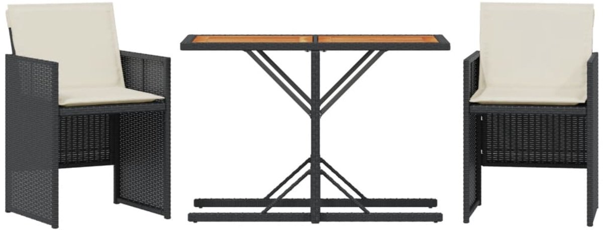 The Living Store 3-delige Bistroset met kussens poly rattan zwart - Bistroset - Tuinmeubel - Buis Meubel - Outdoor Furniture - Lounge Set