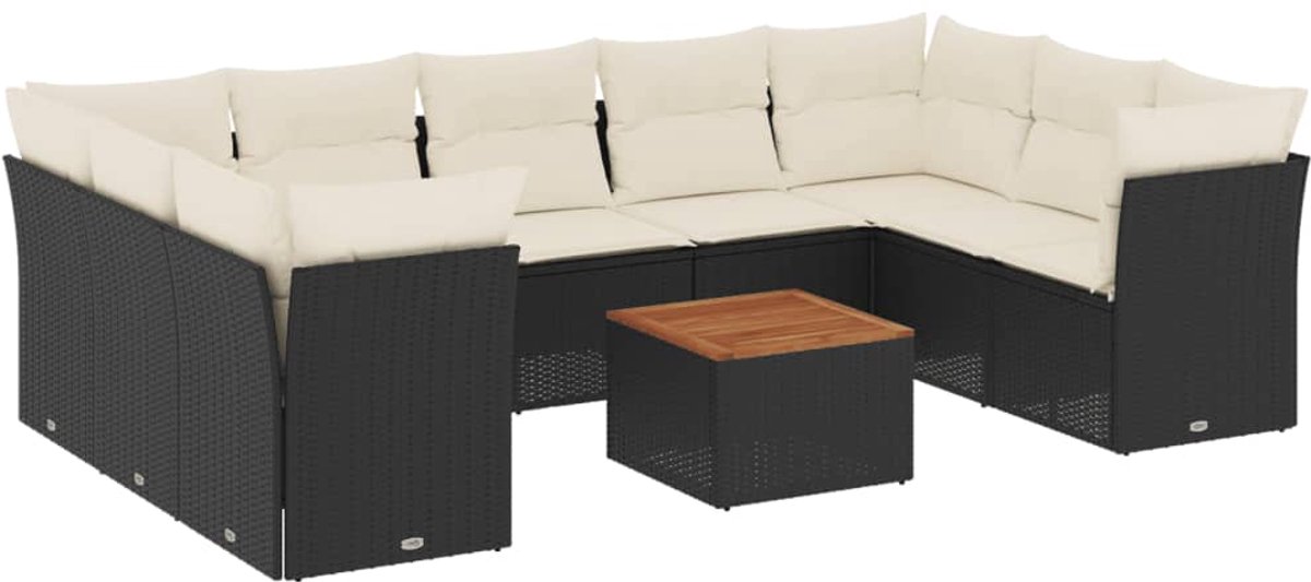 The Living Store 10-delige Loungeset met kussens poly rattan zwart - Loungeset - Loungemeubels - Buitendecoratie - Tuinmeubelen - PE-rattan