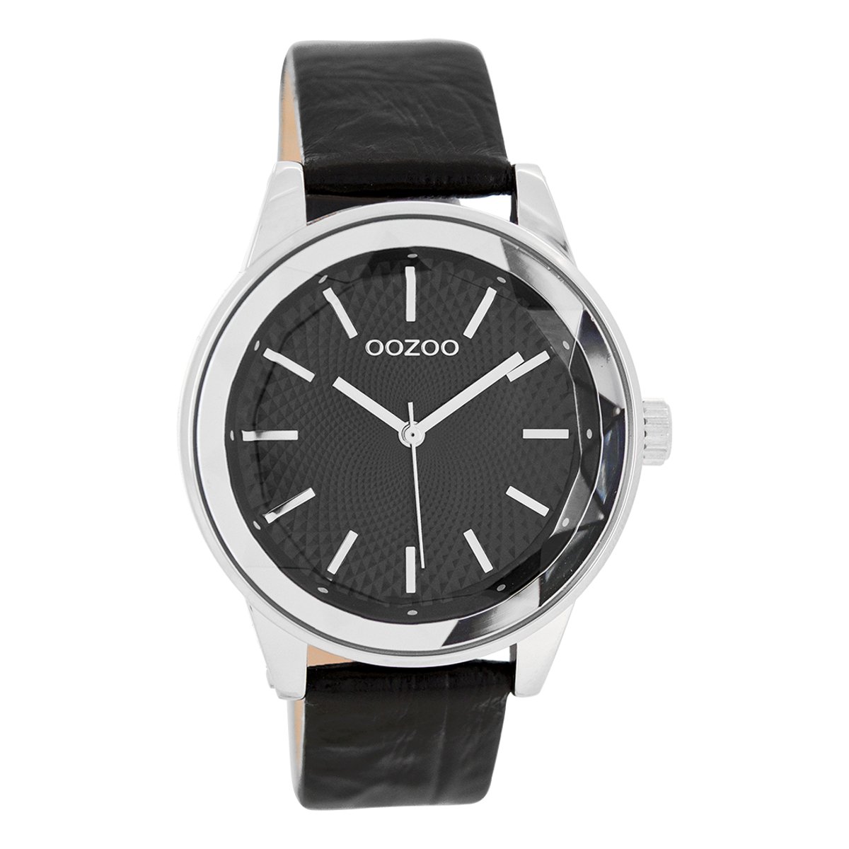 OOZOO Timepieces - Zilverkleurige horloge met zwarte leren band - C7534