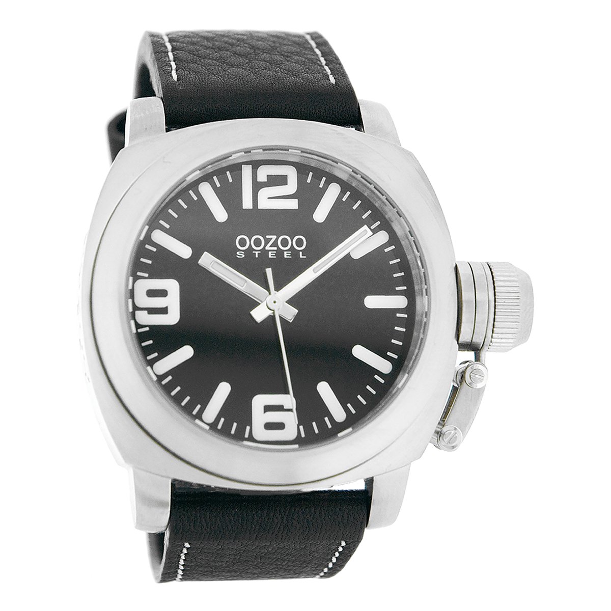 OOZOO Timepieces - Zilverkleurige horloge met zwarte leren band - OS023
