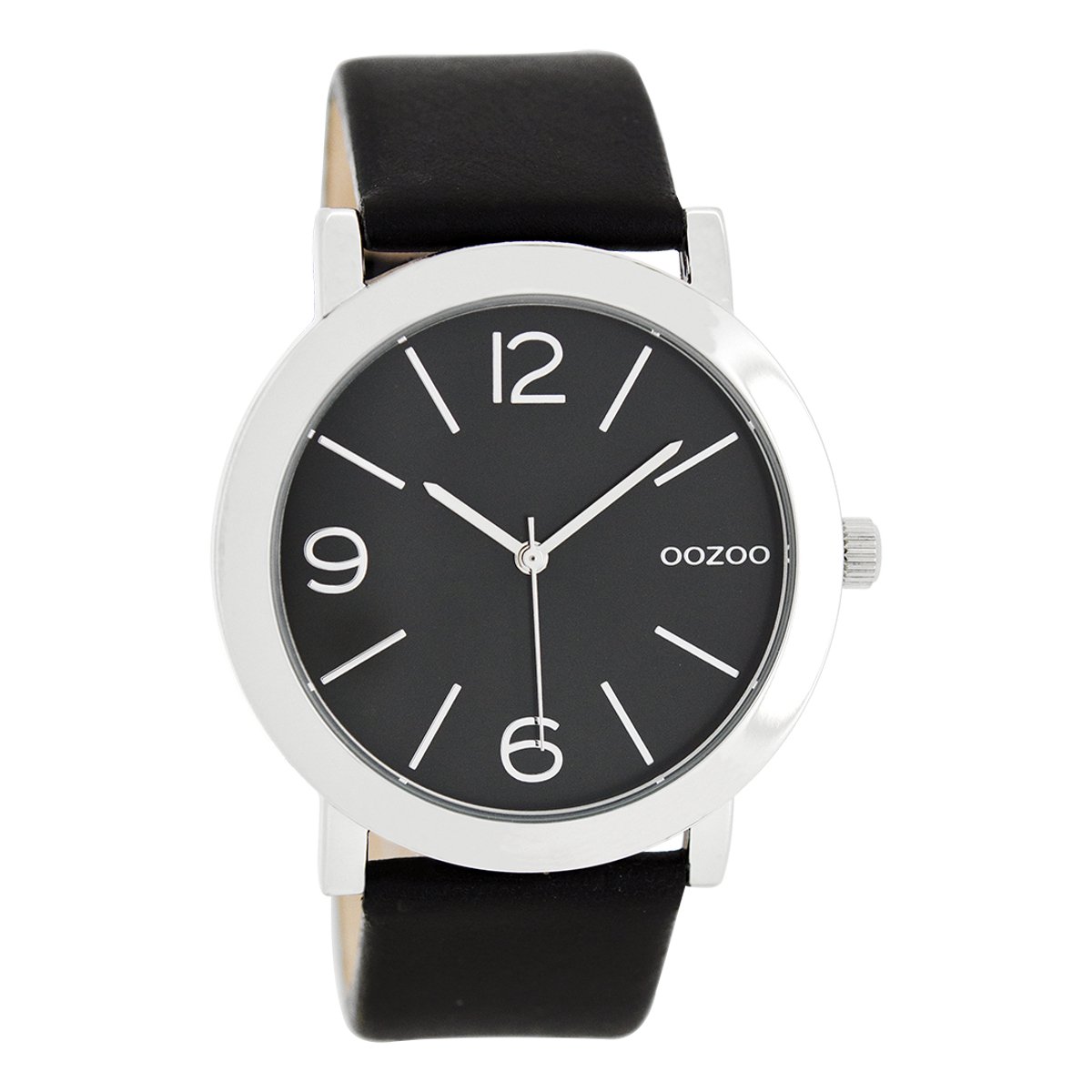 OOZOO Timepieces - Zilverkleurige horloge met zwarte leren band - C8714