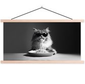 Posterhanger incl. Poster 90x45 cm - Schoolplaat - Langharige kat - Zonnebril - Spaghetti - Humor - Zwart - wit - Textielposter - Blanke latten