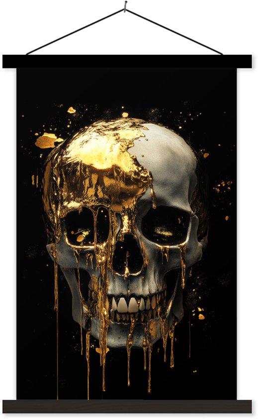 Posterhanger incl. Poster 120x180 cm - Schoolplaat - Goud - Abstract - Schedel - Kunst - Textielposter - Zwarte latten