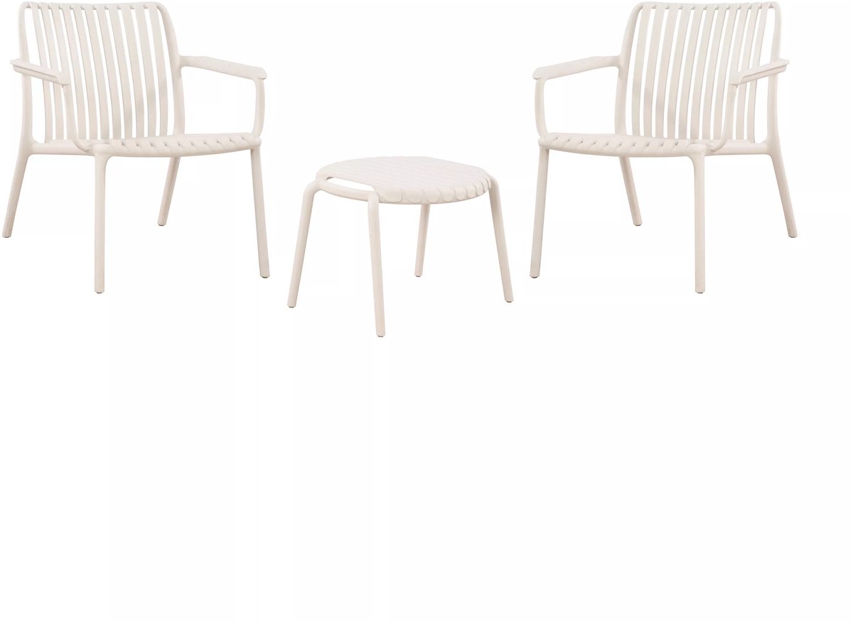 Vente-unique Tuinsalon van polypropyleen: 2 opstapelbare fauteuils en een salontafel - Beige - SESEH van MYLIA L 67.5 cm x H 73 cm x D 76.5 cm
