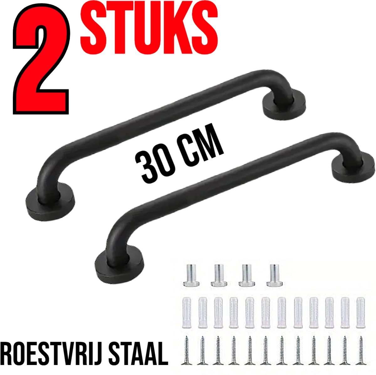Allernieuwste.nl® 2 Stuks Handgrepen Wandbeugels Zwart Voor Senioren Ouderen - Metaal Roestvrij Staal 30cm Douche Badkuip Greep - Badkuip Handvat Bad Handgreep Douchegrepen Badkuip - RVS Handgreep voor Wandmontage WC Badkamer Douche Zwart - 2 STUKS