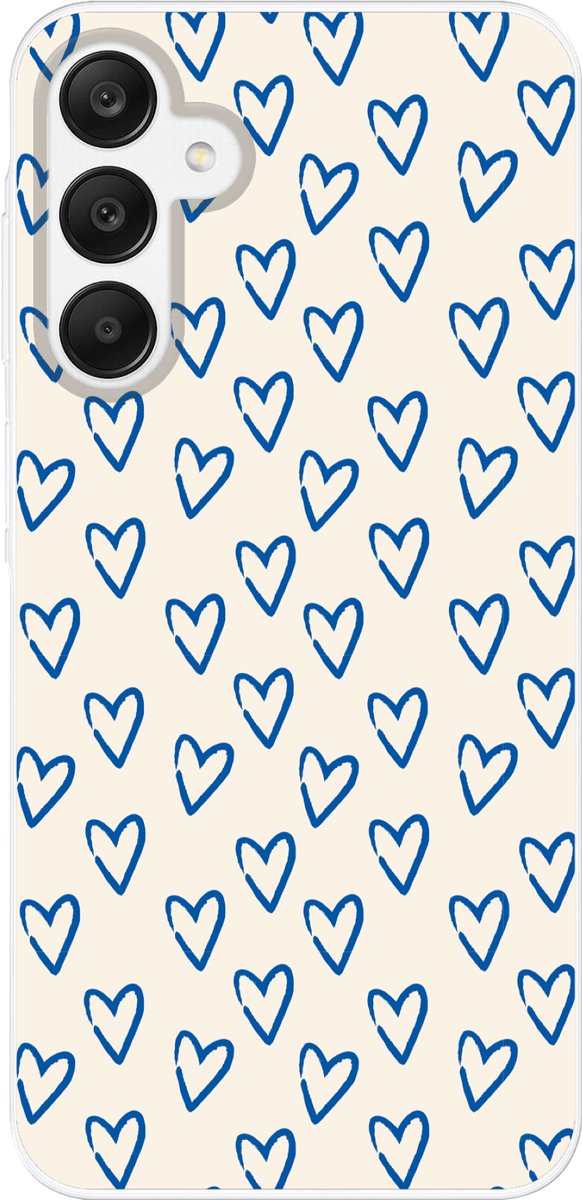 Telefoonhoesje Geschikt voor Samsung Galaxy A25 hoesje - Hartjes patroon - Blauw - Beige - Liefde - Siliconen Telefoonhoesje Telefoonhoesje