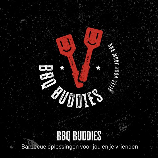 Logo van BBQ Buddies met twee rode spatels, omringd door cirkelvormige tekst.