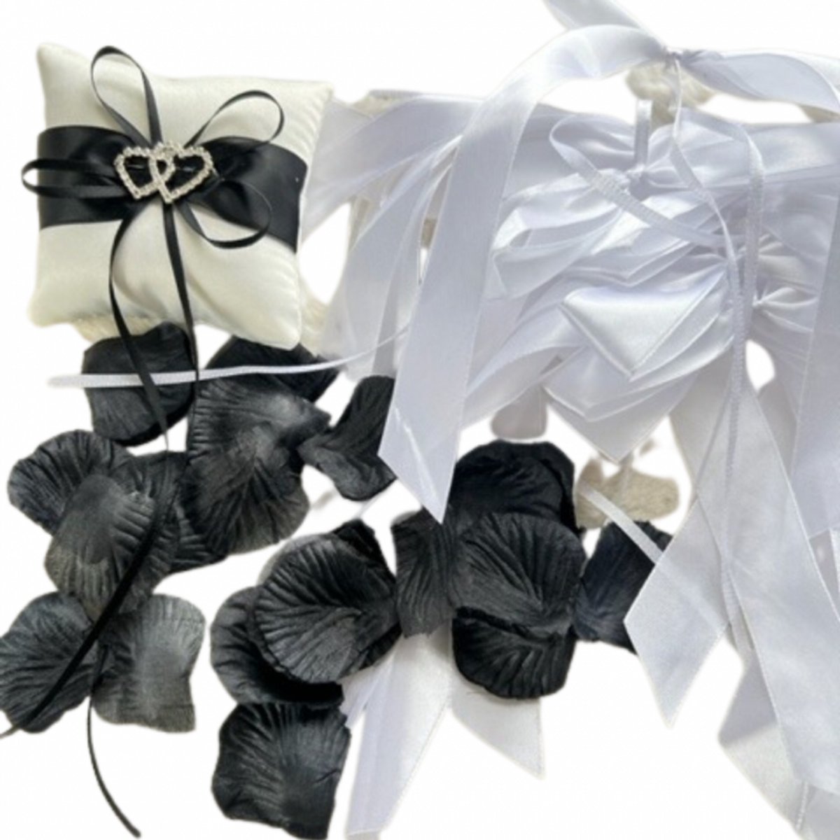 3-Delig-Trouwpakket-Ringenkussentje-Autolinten-500 Rozenblaadjes-Zwart - Charme Bijoux