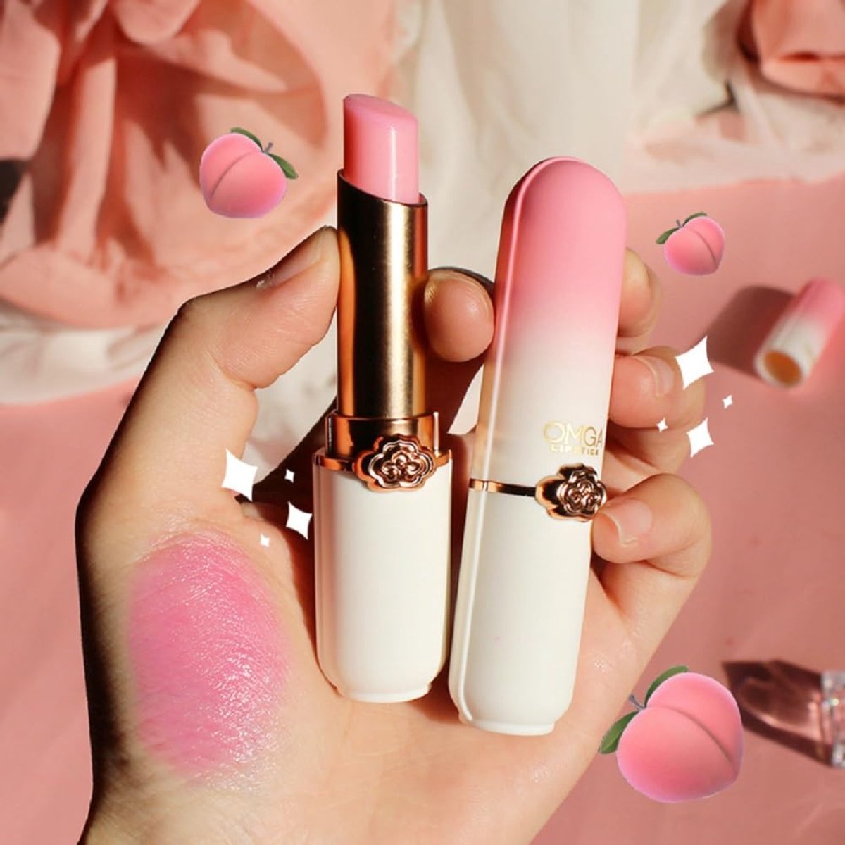 OMGA| Lippenbalsum Peach Color Changing Lipstick | Perzik Lippenstift voor Vollere Lippen |Hydraterende Roze Lipgloss | Lip balm pearl shine | balsem voor Grotere lippen - lip protector | Lip stick voor Dikkere lippen | Roze — cadeau in Cadeau-ideeën - foto 2