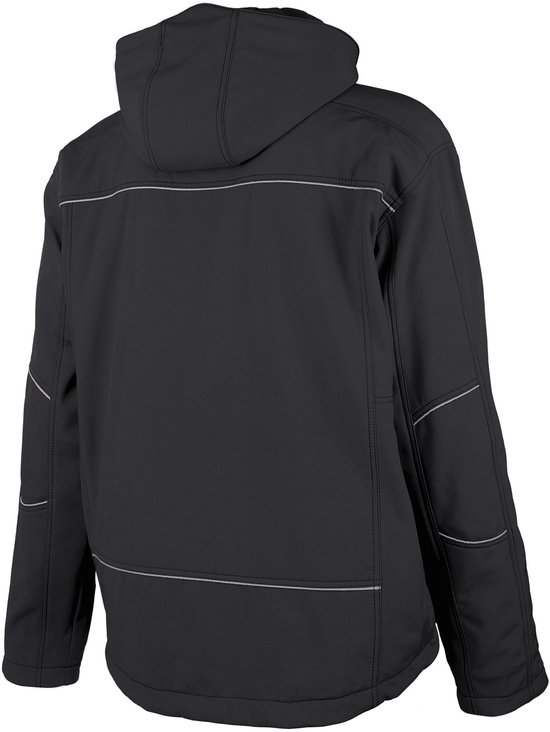 Zwart TMG KULT WORKER softshell werkjas, achterkant. Met reflecterende biezen op de schouders, bovenarmen en onderkant.