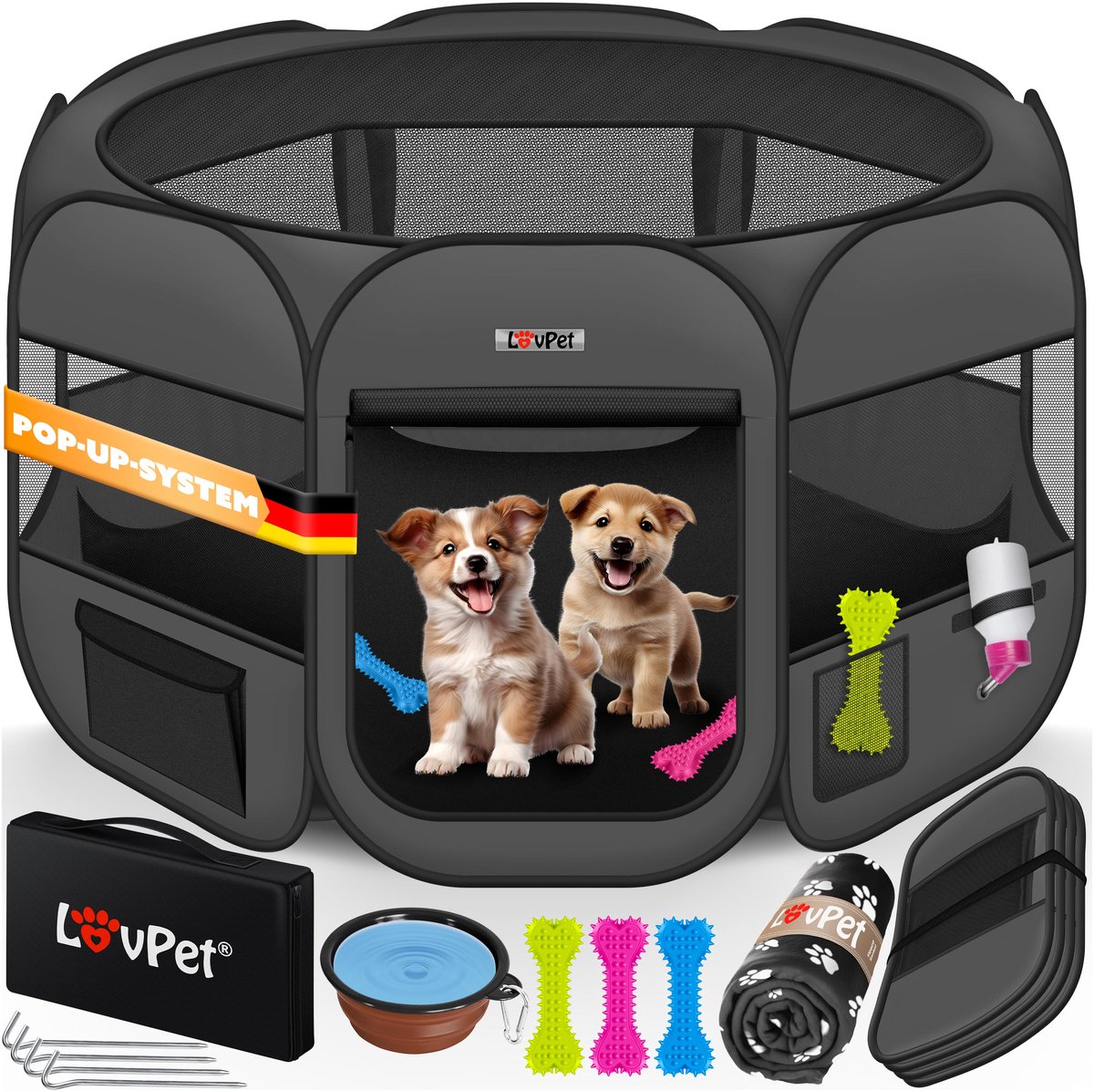 LOVPET® Puppyren voor Kleine Dieren Honden Katten - Opvouwbaar Hondenren inclusief kom en Haringen - Puppy Ren Pop-up Systeem Indoor & Outdoor Konijnenren - Antraciet
